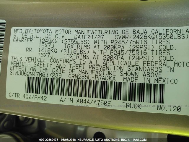 3TMJU62N47M037239 - 2007 TOYOTA TACOMA DOUBLE CAB PRERUNNER GOLD photo 9