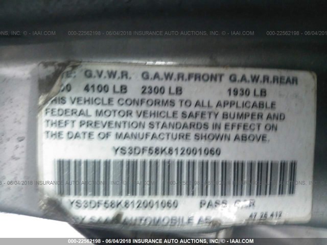 YS3DF58K812001060 - 2001 SAAB 9-3 SE GRAY photo 9