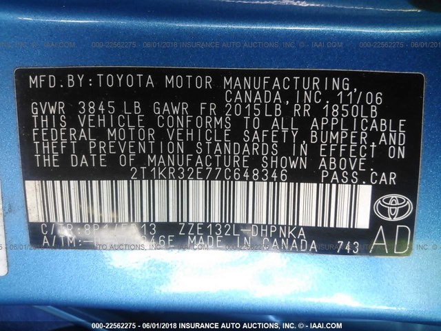 2T1KR32E77C648346 - 2007 TOYOTA COROLLA MATRIX XR BLUE photo 9