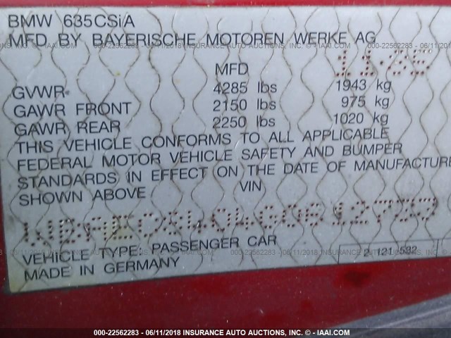 WBAEC8404G0612733 - 1986 BMW 635 CSI AUTOMATIC 红色 照片 9