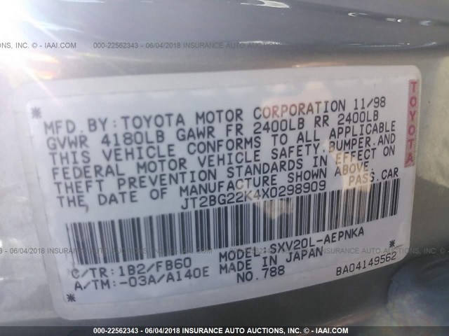 JT2BG22K4X0298909 - 1999 TOYOTA CAMRY LE/XLE SILVER photo 9