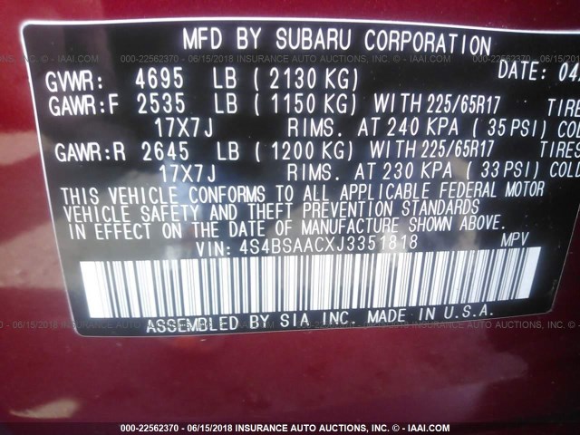 4S4BSAACXJ3351818 - 2018 SUBARU OUTBACK 2.5I RED photo 9