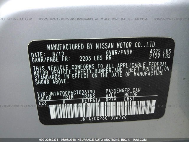 JN1AZ0CP6CT026790 - 2012 NISSAN LEAF SV/SL SILVER photo 9