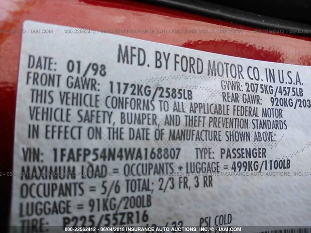 1FAFP54N4WA168807 - 1998 FORD TAURUS SHO RED photo 9