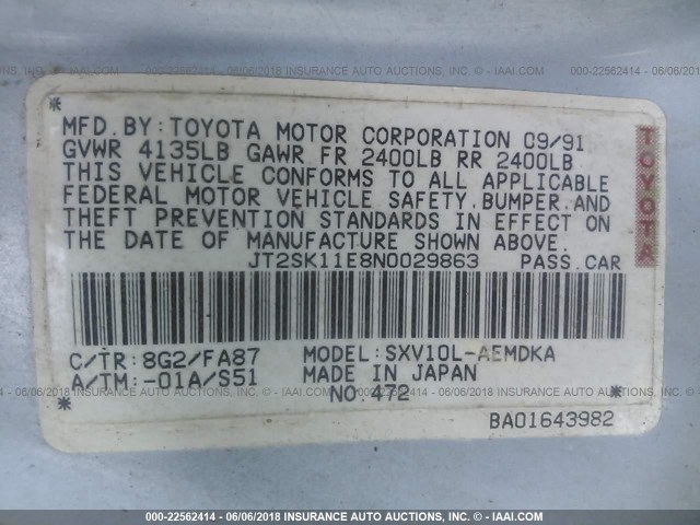 JT2SK11E8N0029863 - 1992 TOYOTA CAMRY DLX 浅蓝色 照片 9