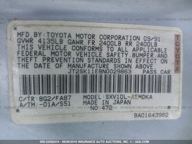 JT2SK11E8N0029863 - 1992 TOYOTA CAMRY DLX Light Blue photo 9