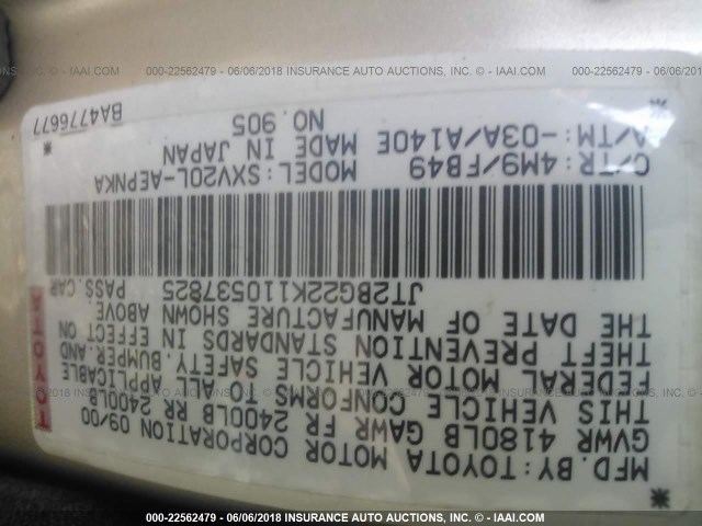 JT2BG22K110537825 - 2001 TOYOTA CAMRY CE/LE/XLE GOLD photo 9