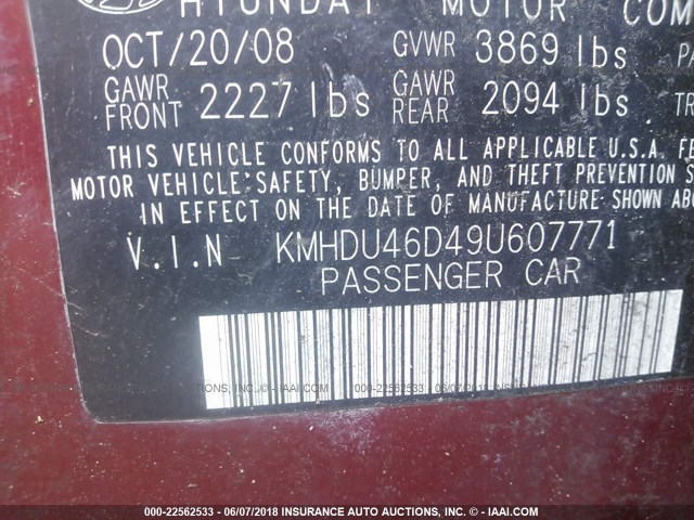 KMHDU46D49U607771 - 2009 HYUNDAI ELANTRA GLS/SE RED photo 9