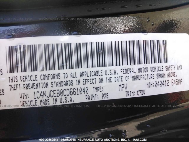 1C4NJCEB0CD661040 - 2012 JEEP COMPASS LATITUDE 黑色 照片 9