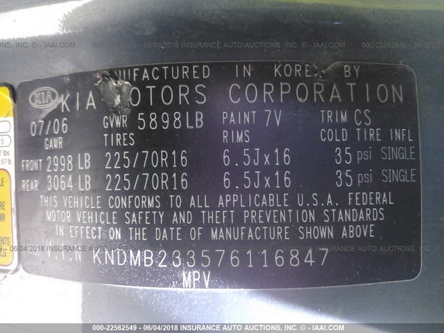 KNDMB233576116847 - 2007 KIA SEDONA EX/LX BLUE photo 9