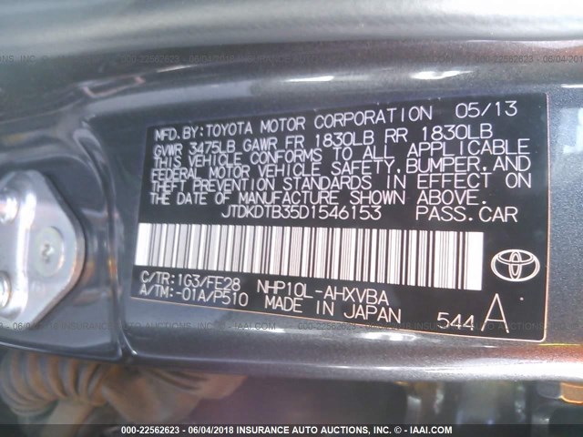 JTDKDTB35D1546153 - 2013 TOYOTA PRIUS C GRAY photo 9