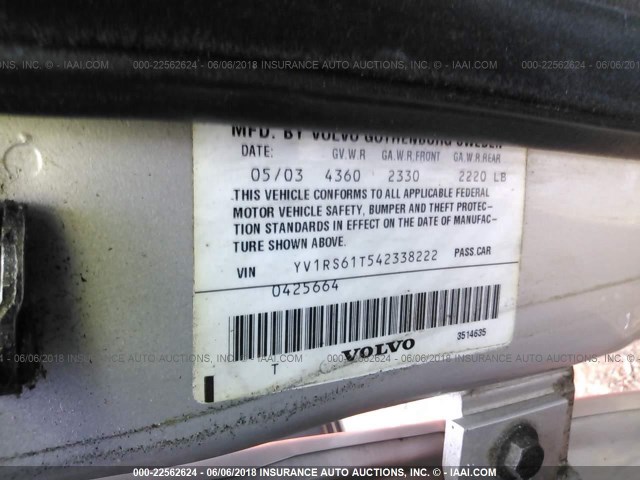 YV1RS61T542338222 - 2004 VOLVO S60 SILVER photo 9