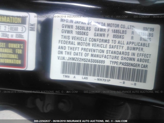 JHMZE2H52AS006889 - 2010 HONDA INSIGHT LX BLACK photo 9