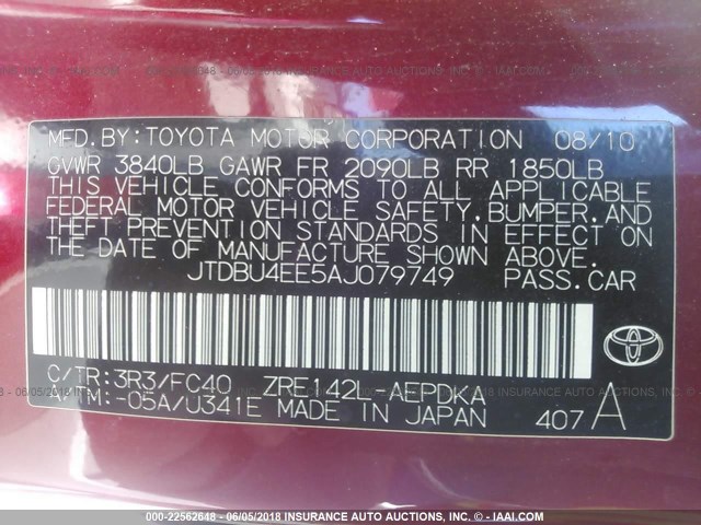 JTDBU4EE5AJ079749 - 2010 TOYOTA COROLLA S/LE/XLE RED photo 9