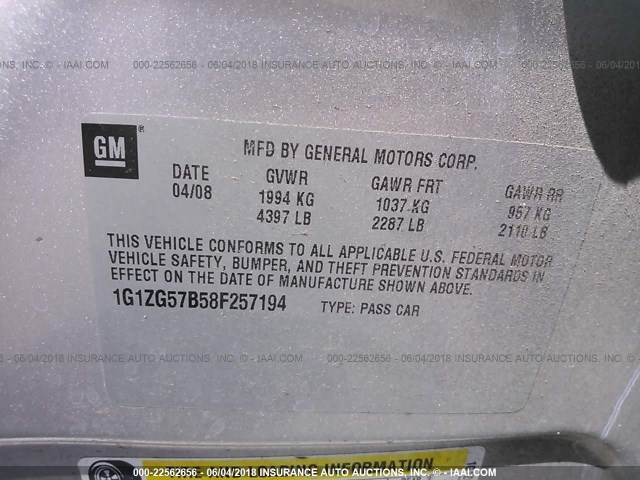 1G1ZG57B58F257194 - 2008 CHEVROLET MALIBU LS SILVER photo 9