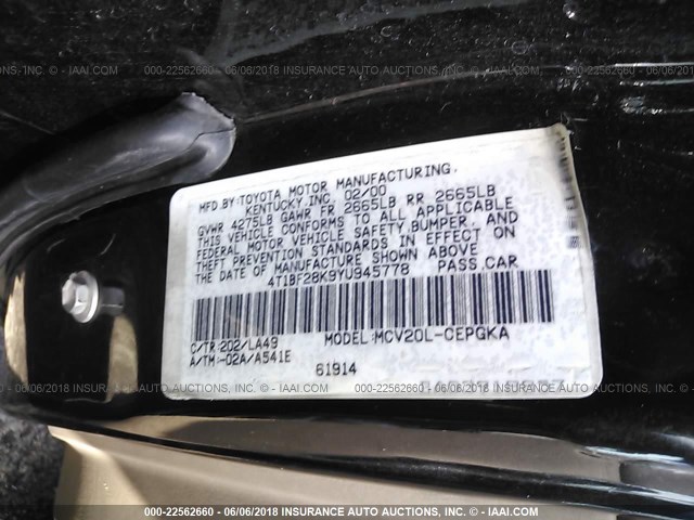 4T1BF28K9YU945778 - 2000 TOYOTA CAMRY LE/XLE BLACK photo 9