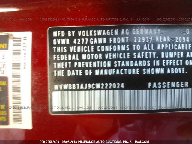 WVWBB7AJ9CW222024 - 2012 VOLKSWAGEN GOLF RED photo 9