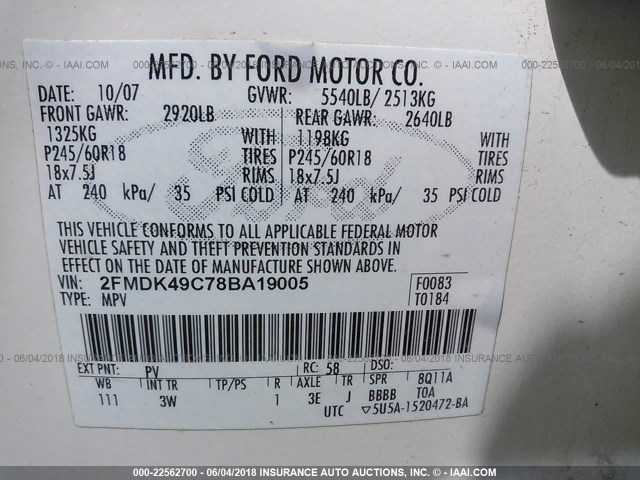 2FMDK49C78BA19005 - 2008 FORD EDGE LIMITED WHITE photo 9