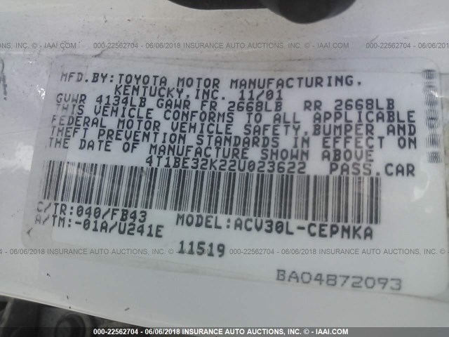 4T1BE32K22U023622 - 2002 TOYOTA CAMRY LE/XLE/SE თეთრი ფოტო 9