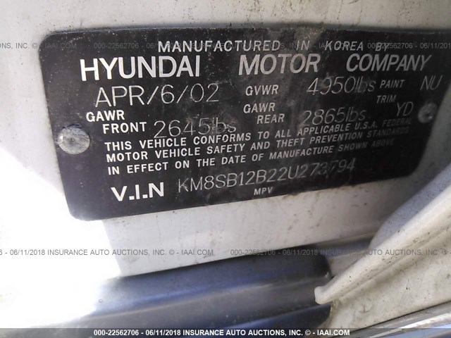 KM8SB12B22U273794 - 2002 HYUNDAI SANTA FE GL WHITE photo 9