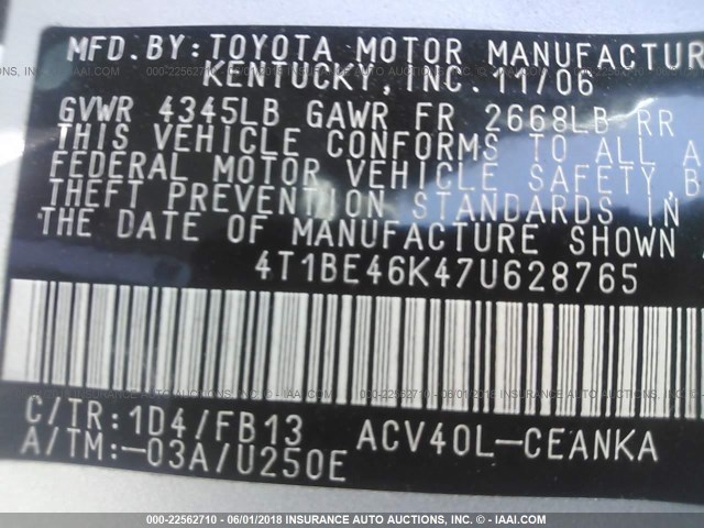 4T1BE46K47U628765 - 2007 TOYOTA CAMRY NEW GENERAT CE/LE/XLE/SE SILVER photo 9