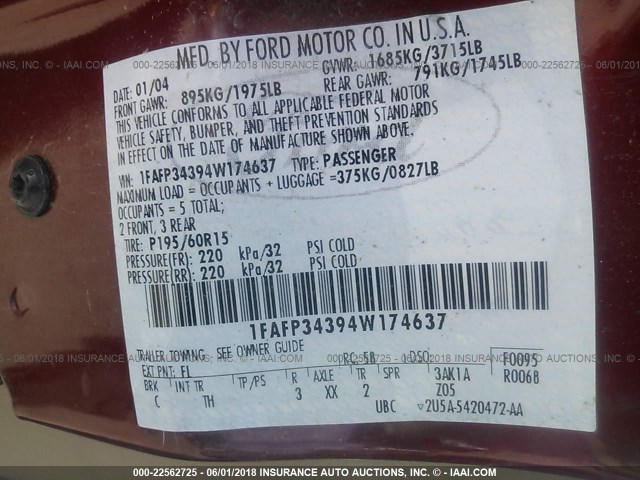 1FAFP34394W174637 - 2004 FORD FOCUS SE COMFORT/SE SPORT MAROON photo 9