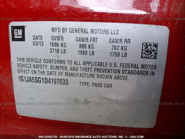 1G1JA5SG1D4197633 - 2013 CHEVROLET SONIC LS 红色 照片 9