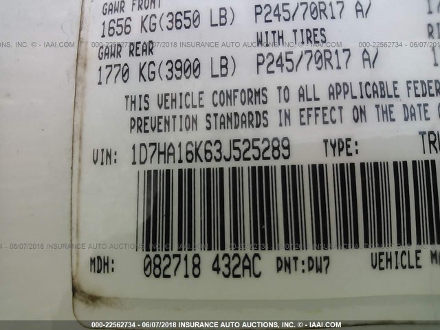 1D7HA16K63J525289 - 2003 DODGE RAM 1500 ST WHITE photo 9