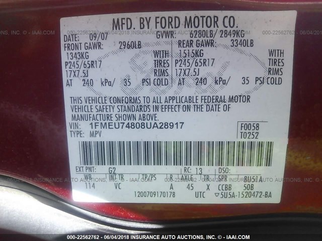 1FMEU74808UA28917 - 2008 FORD EXPLORER EDDIE BAUER RED photo 9