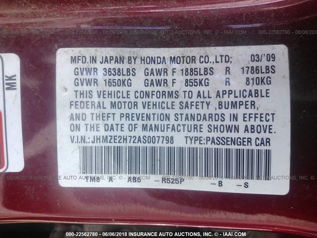 JHMZE2H72AS007798 - 2010 HONDA INSIGHT EX RED photo 9