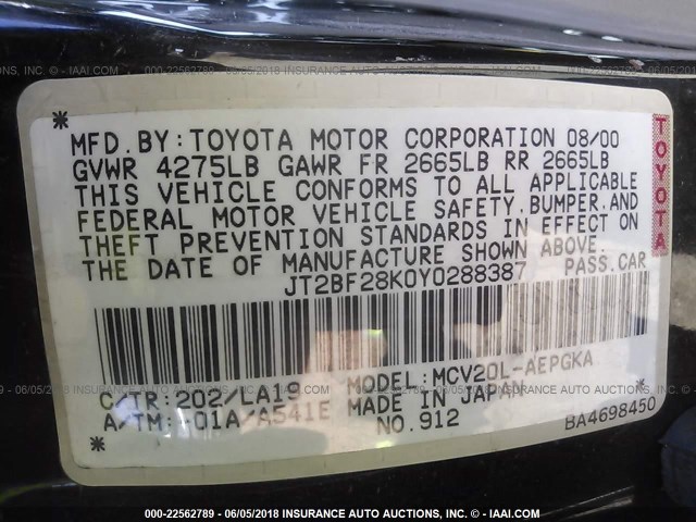 JT2BF28K0Y0288387 - 2000 TOYOTA CAMRY LE/XLE Qara foto 9