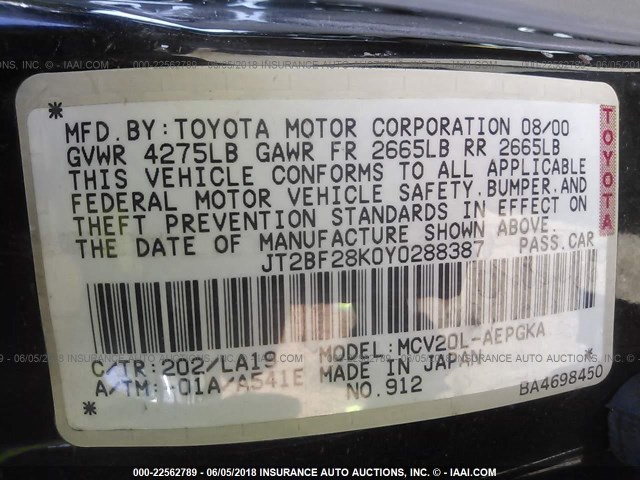 JT2BF28K0Y0288387 - 2000 TOYOTA CAMRY LE/XLE BLACK photo 9