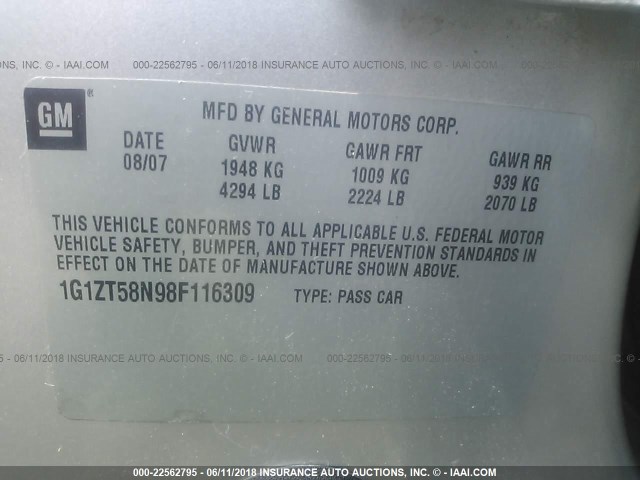 1G1ZT58N98F116309 - 2008 CHEVROLET MALIBU LT/CLASSIC GRAY photo 9