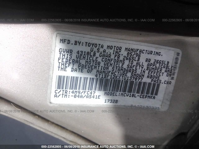 4T1BF12KXTU137077 - 1996 TOYOTA CAMRY LE/XLE/SE ოქროსფერი ფოტო 9