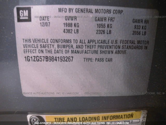 1G1ZG57B984193267 - 2008 CHEVROLET MALIBU LS 灰色 照片 9