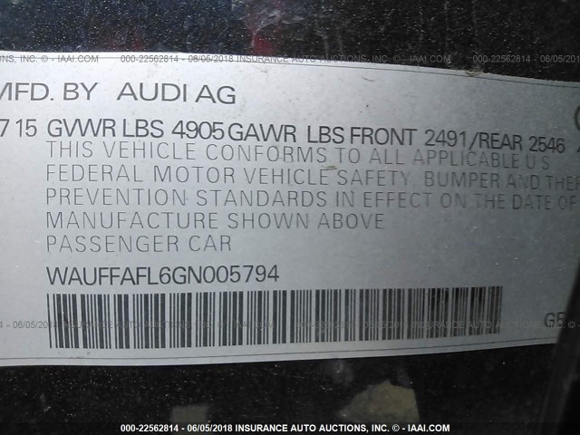 WAUFFAFL6GN005794 - 2016 AUDI A4 PREMIUM PLUS/S-LINE GRAY photo 9