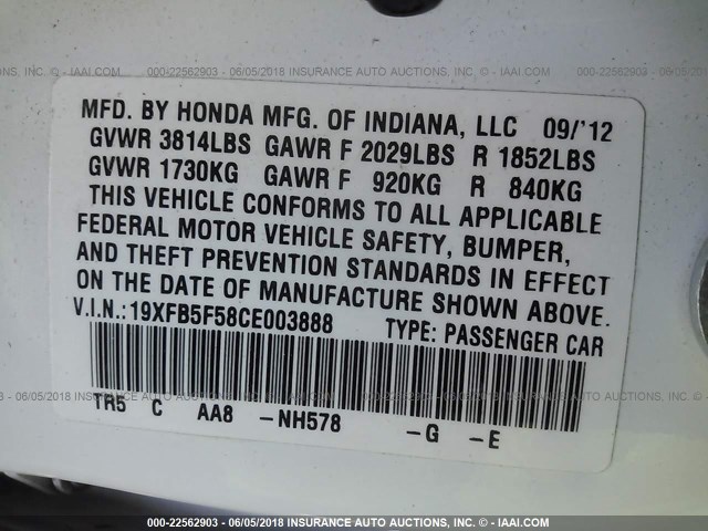 19XFB5F58CE003888 - 2012 HONDA CIVIC NATURAL GAS WHITE photo 9