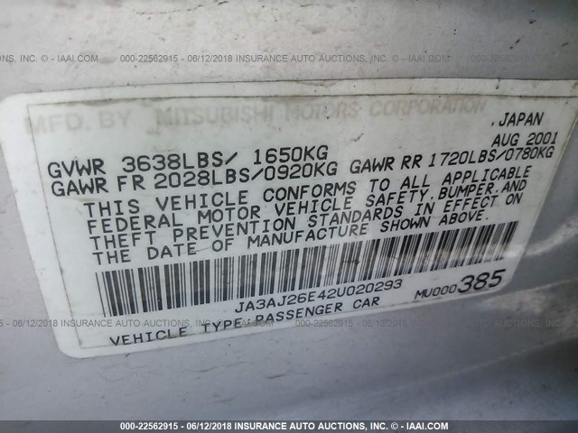 JA3AJ26E42U020293 - 2002 MITSUBISHI LANCER ES SILVER photo 9