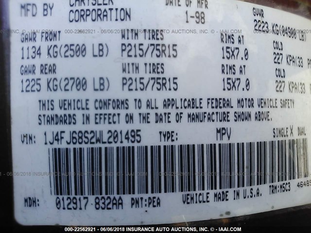 1J4FJ68S2WL201495 - 1998 JEEP CHEROKEE SPORT/CLASSIC Czerwony zdjęcie 9