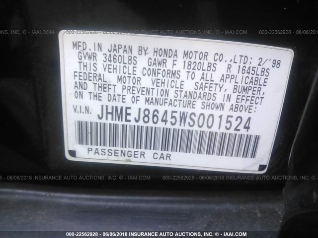 JHMEJ8645WS001524 - 1998 HONDA CIVIC EX GREEN photo 9