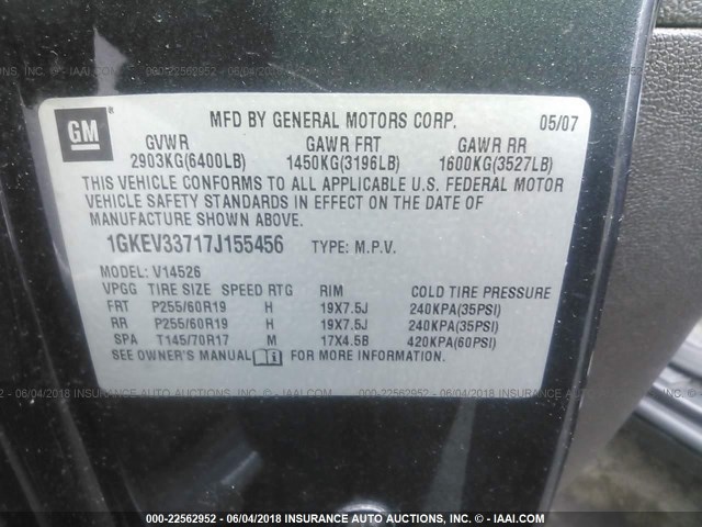 1GKEV33717J155456 - 2007 GMC ACADIA SLT-2 GRAY photo 9