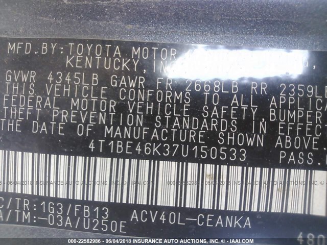 4T1BE46K37U150533 - 2007 TOYOTA CAMRY NEW GENERAT CE/LE/XLE/SE GRAY photo 9