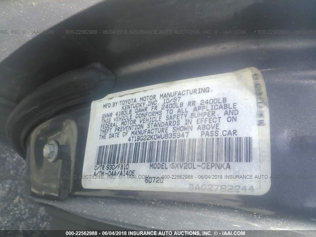 4T1BG22K0WU835947 - 1998 TOYOTA CAMRY CE/LE/XLE 灰色 照片 9