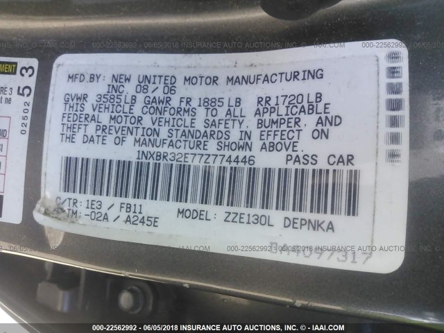 1NXBR32E77Z774446 - 2007 TOYOTA COROLLA CE/LE/S GRAY photo 9