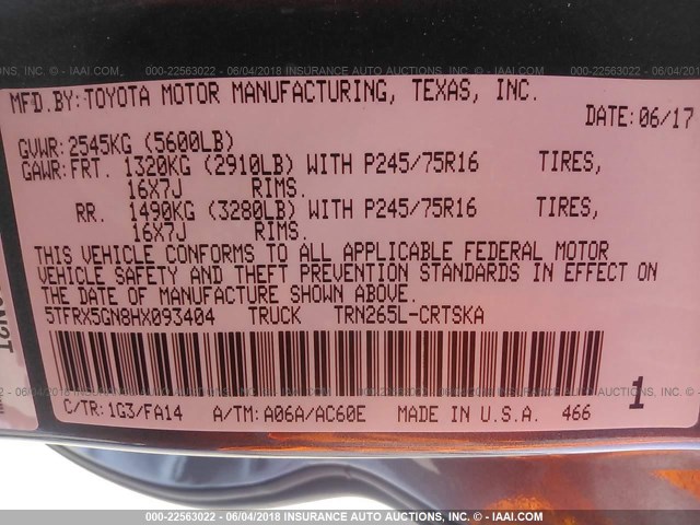 5TFRX5GN8HX093404 - 2017 TOYOTA TACOMA ACCESS CAB/SR/SR5 GRAY photo 9