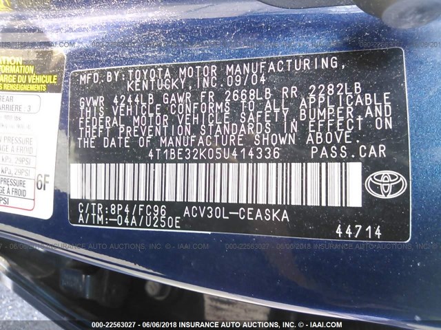 4T1BE32K05U414336 - 2005 TOYOTA CAMRY LE/XLE/SE 蓝色 照片 9