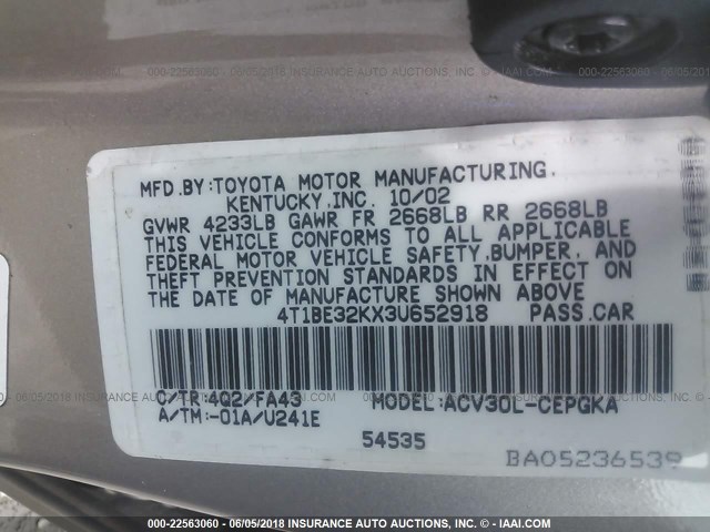 4T1BE32KX3U652918 - 2003 TOYOTA CAMRY LE/XLE/SE GRAY photo 9