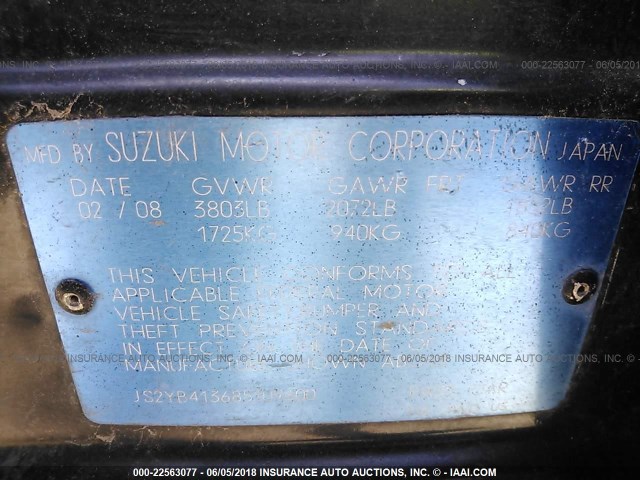 JS2YB413685109600 - 2008 SUZUKI SX4 CONVENIENCE BLACK photo 9