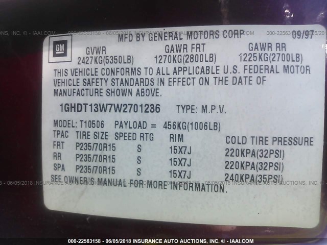 1GHDT13W7W2701236 - 1998 OLDSMOBILE BRAVADA MAROON photo 9