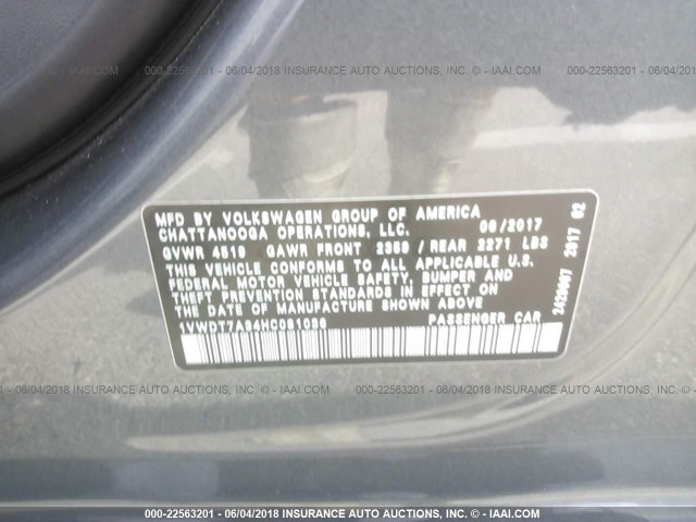 1VWDT7A34HC081036 - 2017 VOLKSWAGEN PASSAT R-LINE Boz foto 9